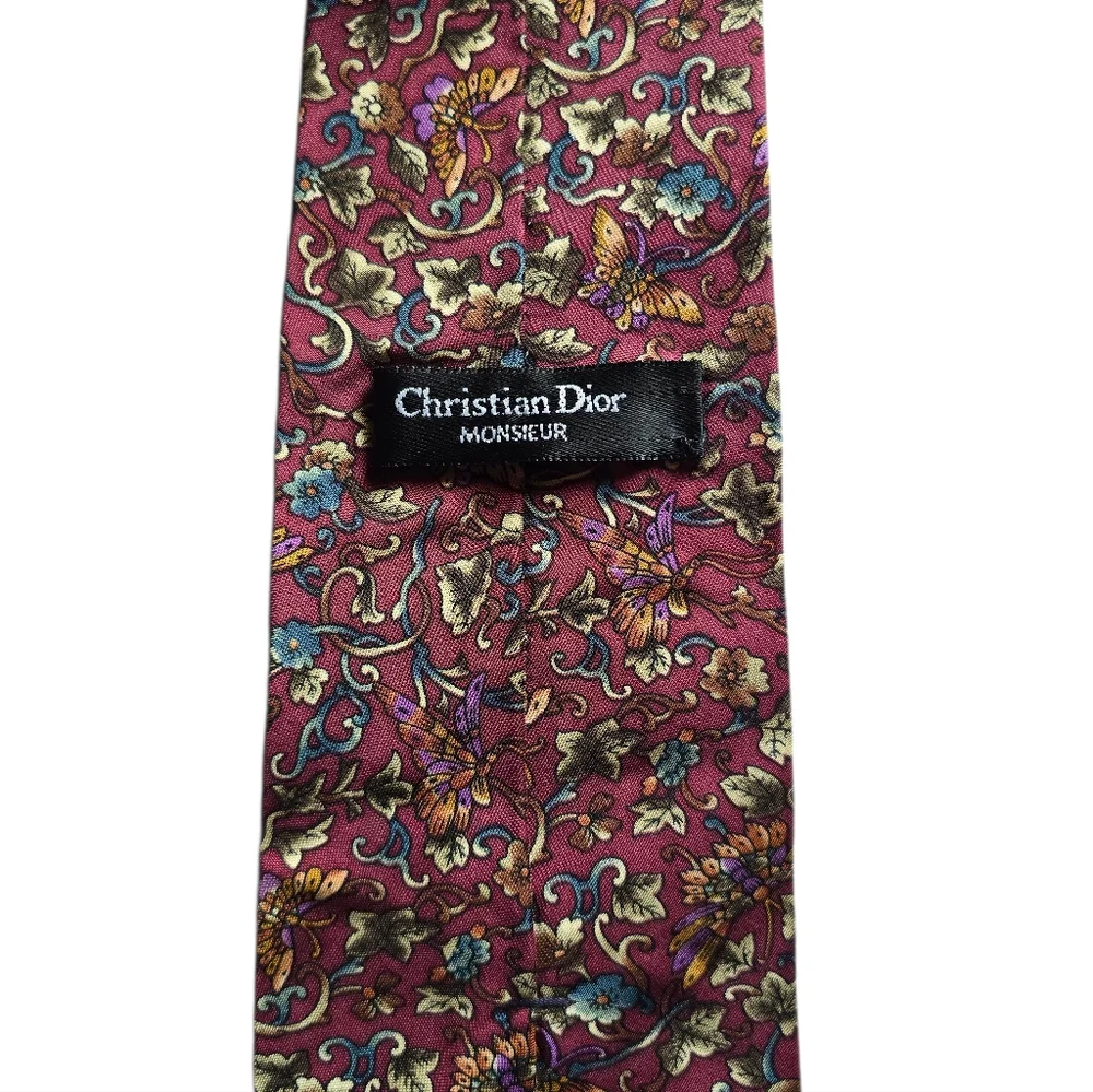 Christian Dior Floral Butterfly Burgundy Silk Necktie Vintage